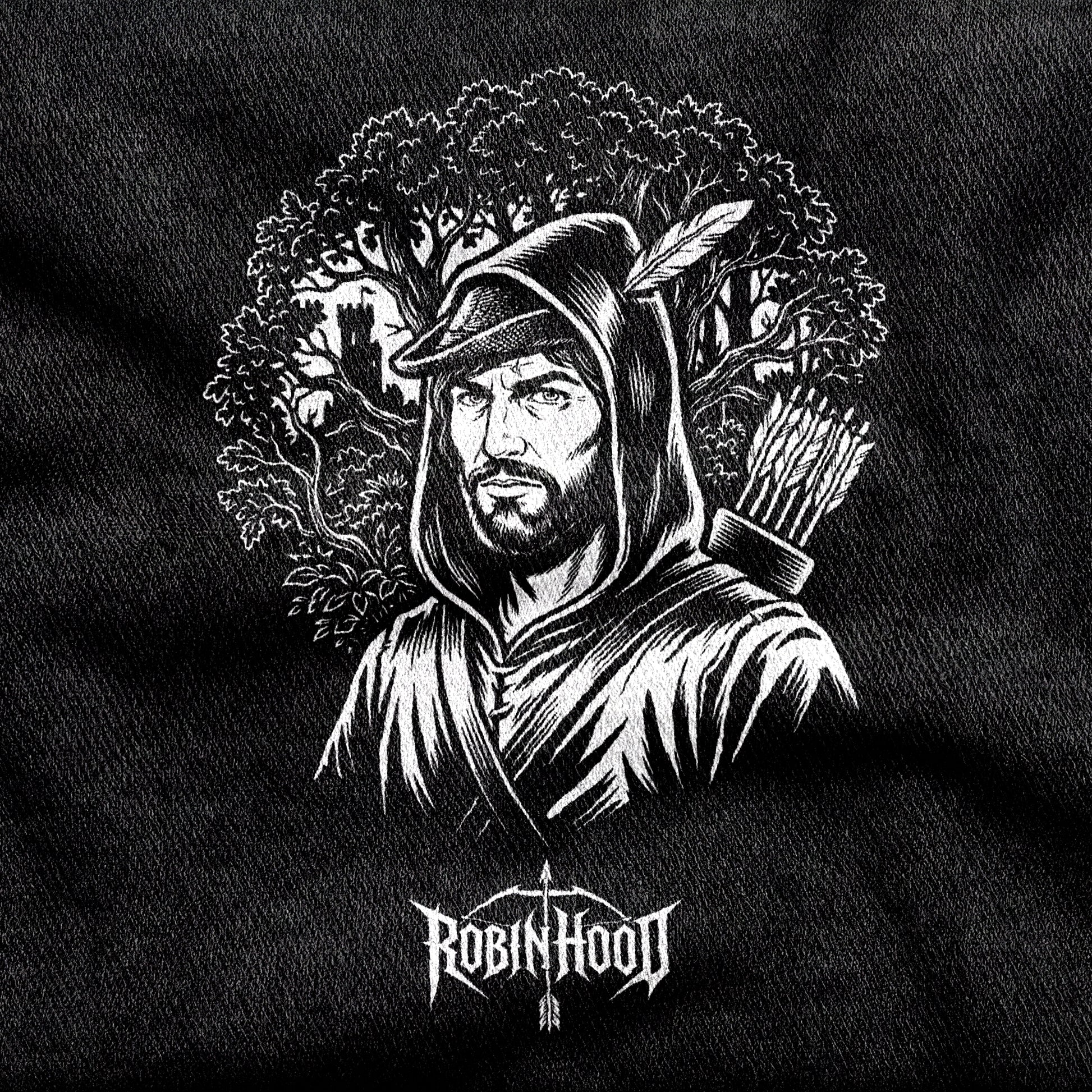 Robin Hood design printed on a black cotton tee, close-up