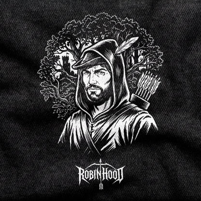 Robin Hood design printed on a black cotton tee, close-up