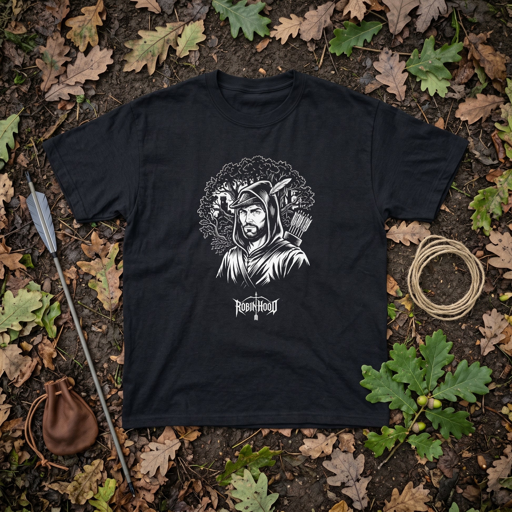 Robin Hood black graphic tee, styled flat lay