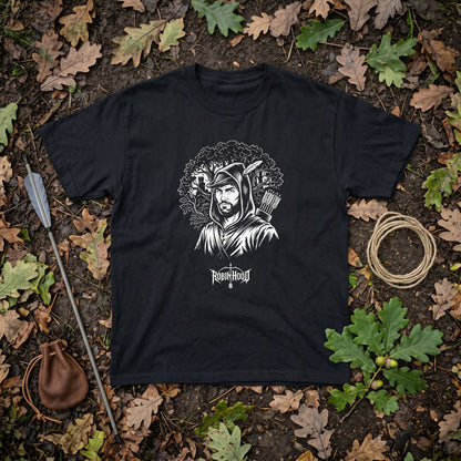 Robin Hood black graphic tee, styled flat lay