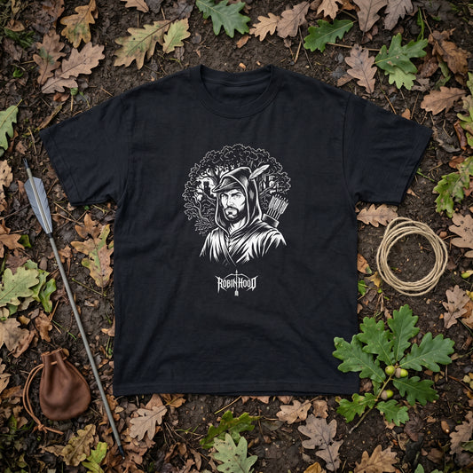 Robin Hood black graphic tee, styled flat lay