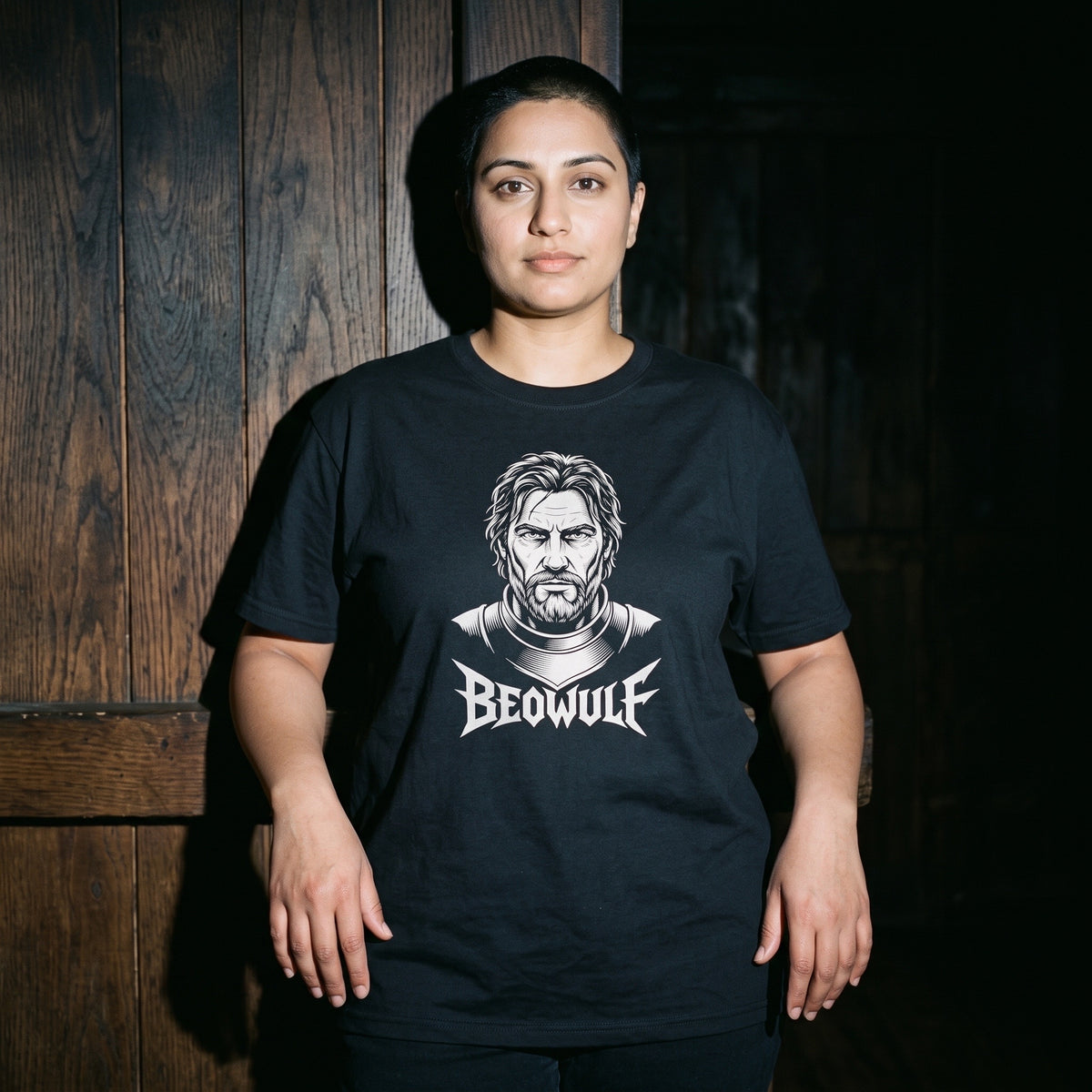Woman wearing the Beowulf black graphic tee