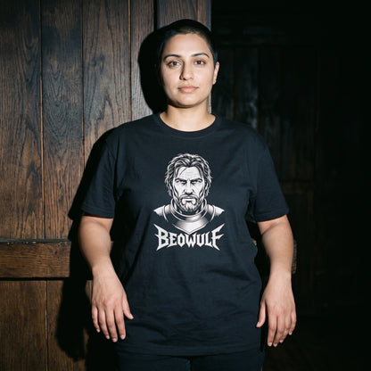 Woman wearing the Beowulf black graphic tee