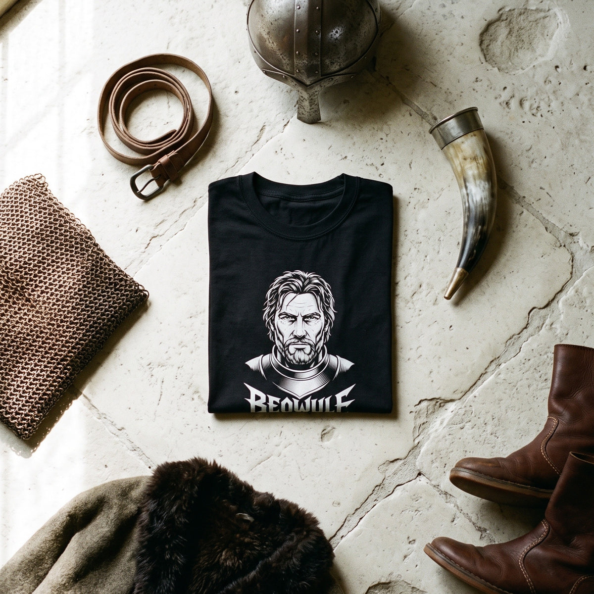 Beowulf black graphic tee styled in a flat lay with matching pieces