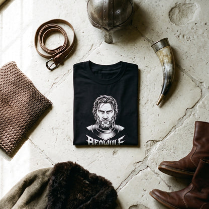 Beowulf black graphic tee styled in a flat lay with matching pieces