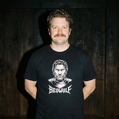 Man wearing the Beowulf black graphic tee