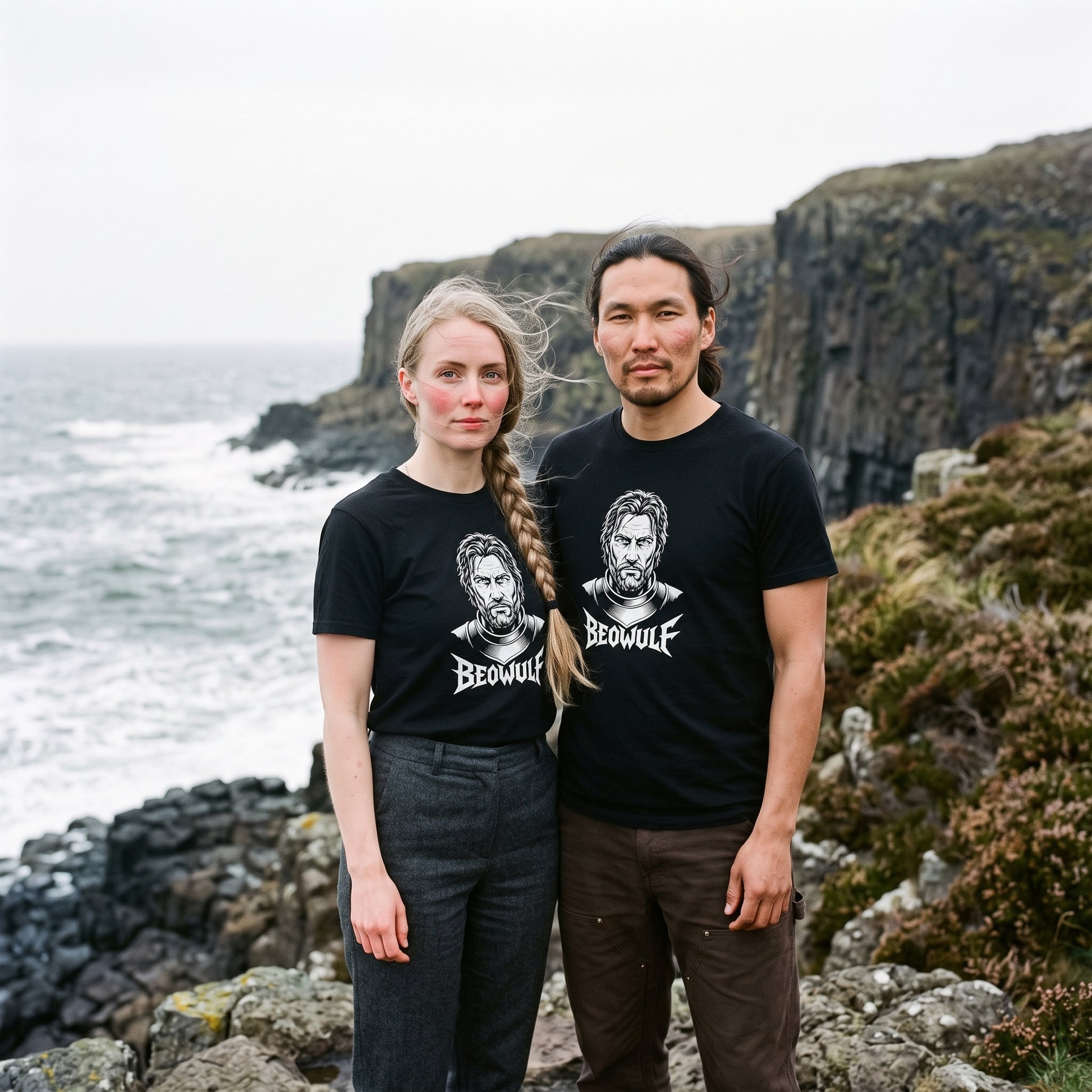 Two models wearing the Beowulf black graphic tee