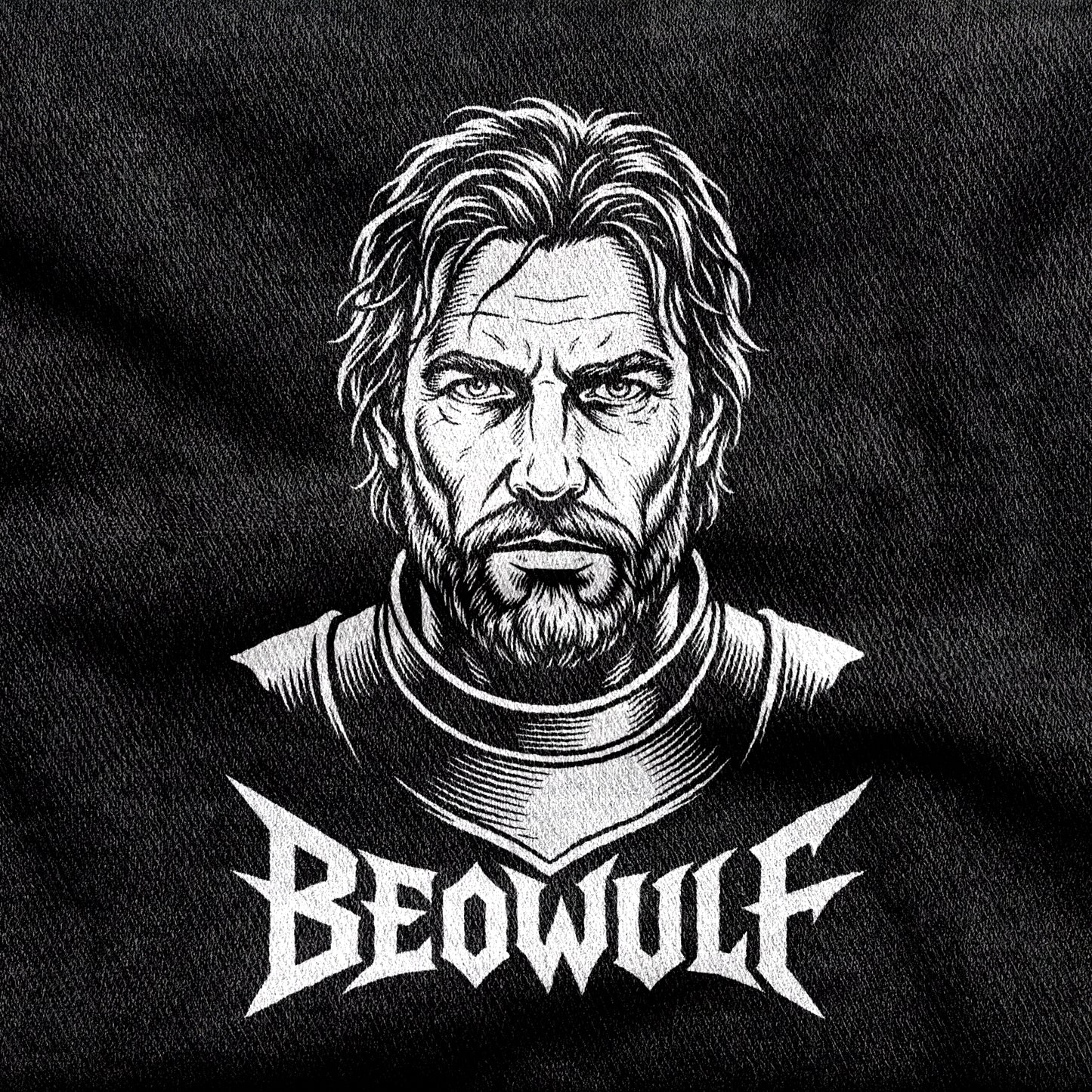 Beowulf design printed on a black cotton tee, close-up