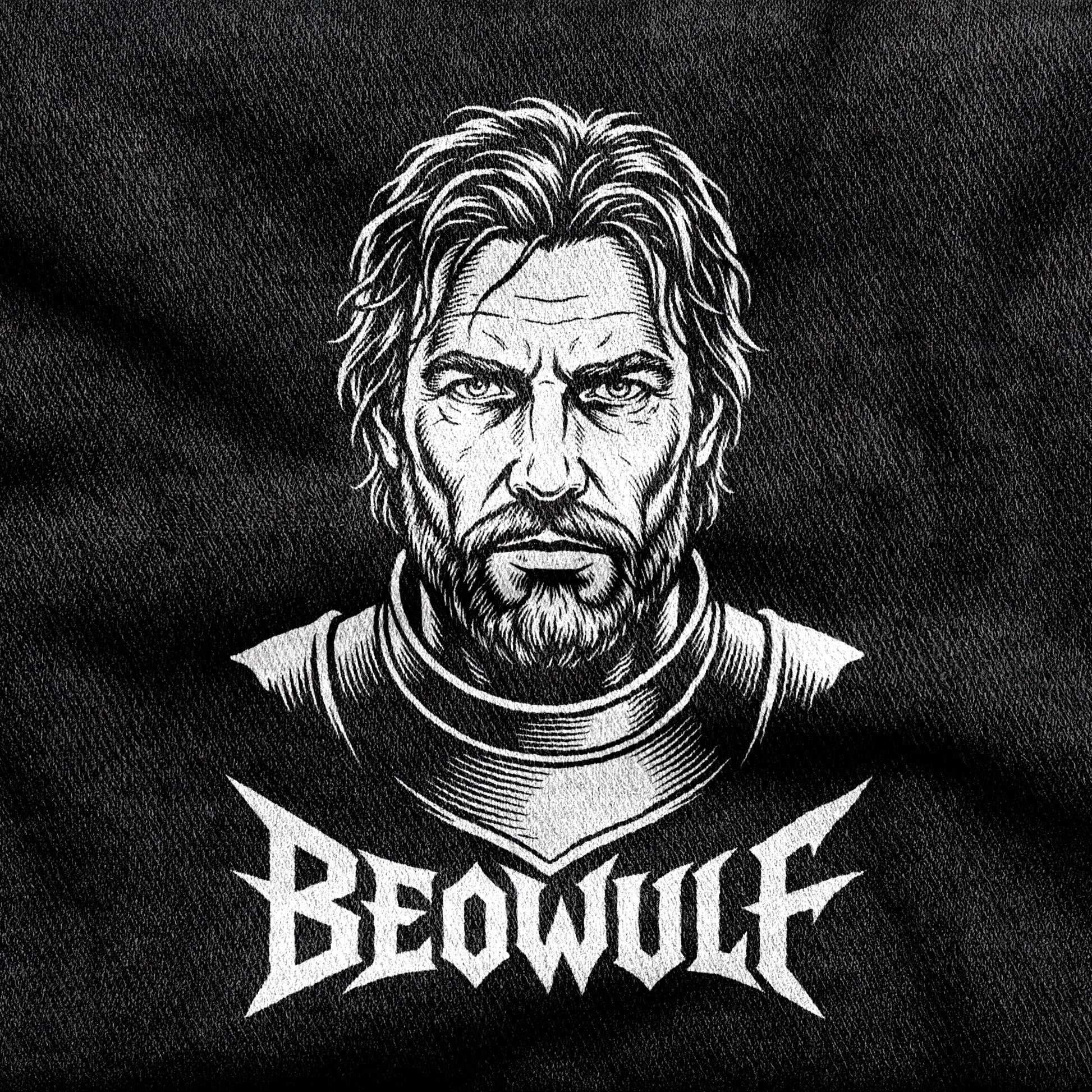 Beowulf design printed on a black cotton tee, close-up