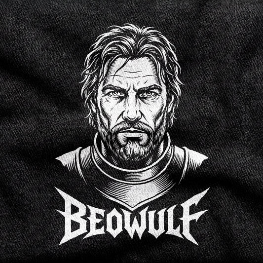 Beowulf design printed on a black cotton tee, close-up