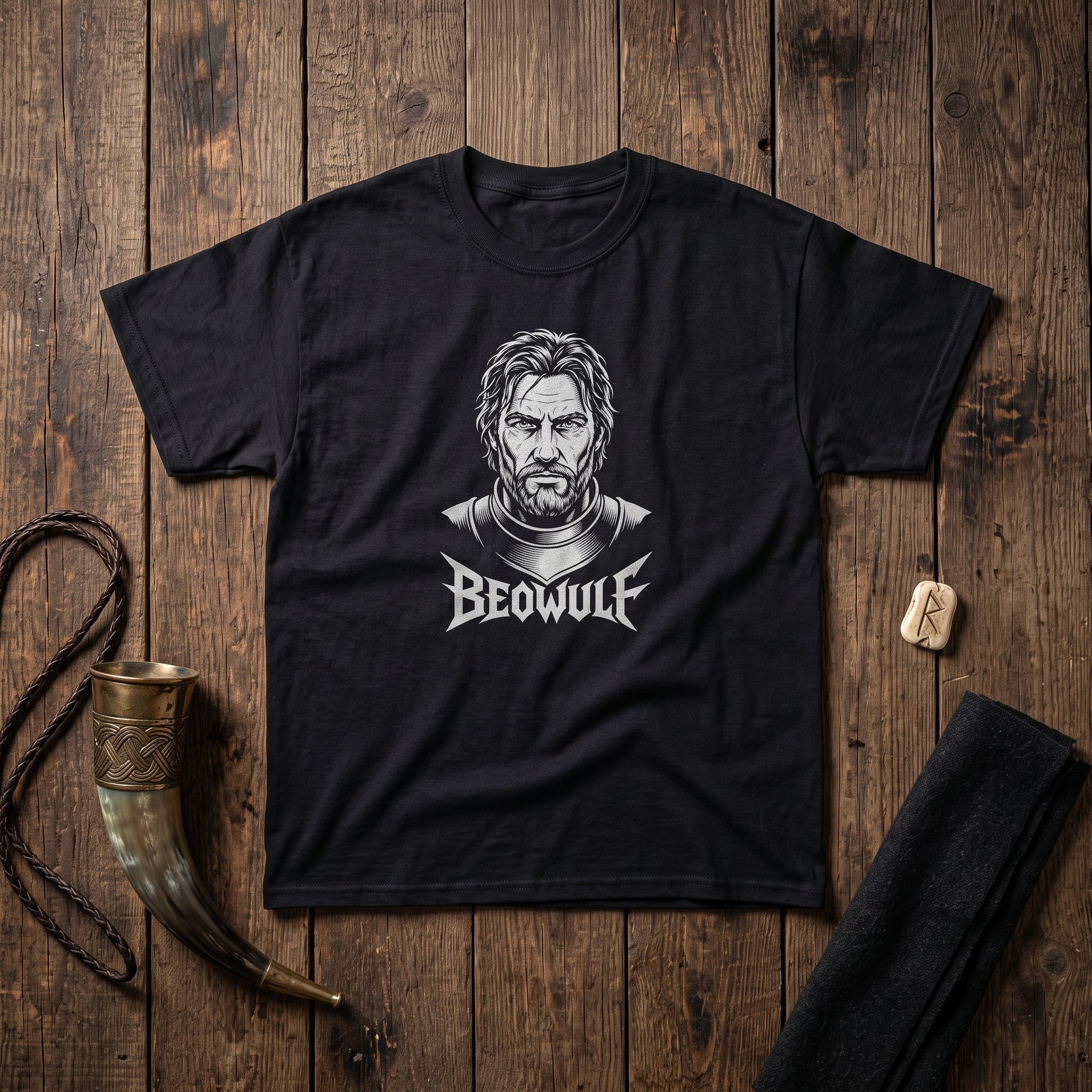 Beowulf black graphic tee, styled flat lay