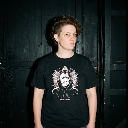 Woman wearing the Phantom of the Opera black graphic tee