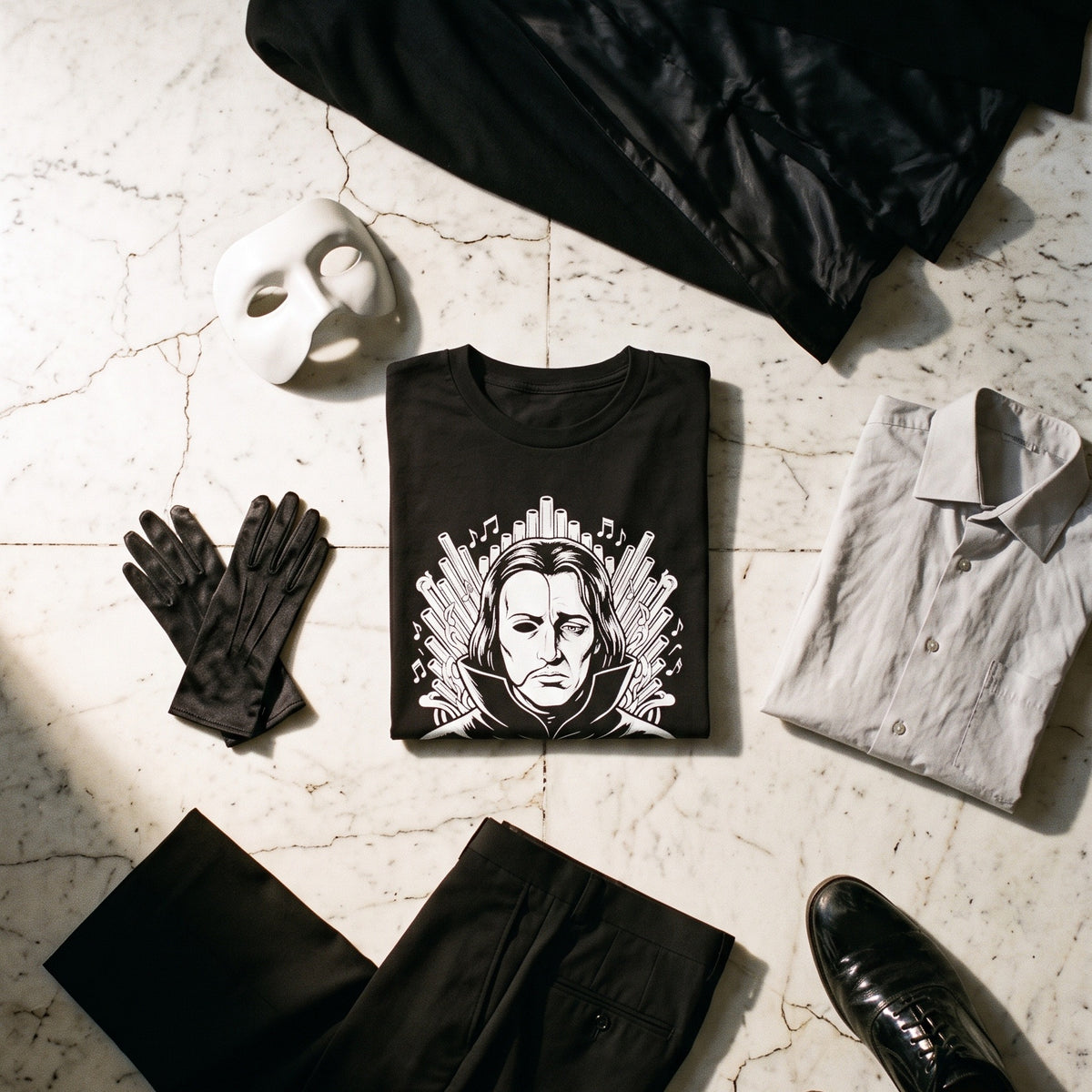 Phantom of the Opera black graphic tee styled in a flat lay with matching pieces