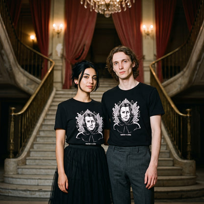 Two models wearing the Phantom of the Opera black graphic tee