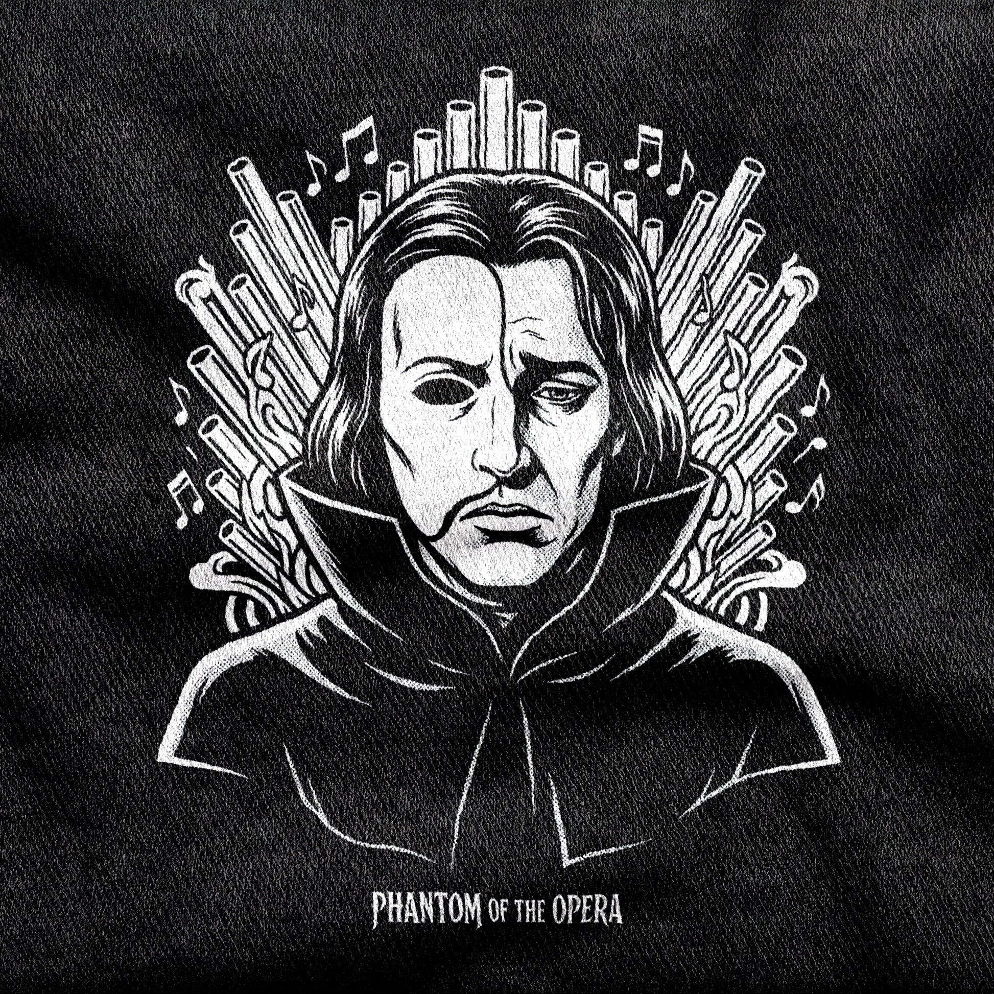 Phantom of the Opera design printed on a black cotton tee, close-up