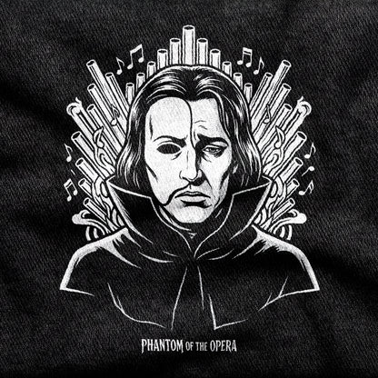 Phantom of the Opera design printed on a black cotton tee, close-up