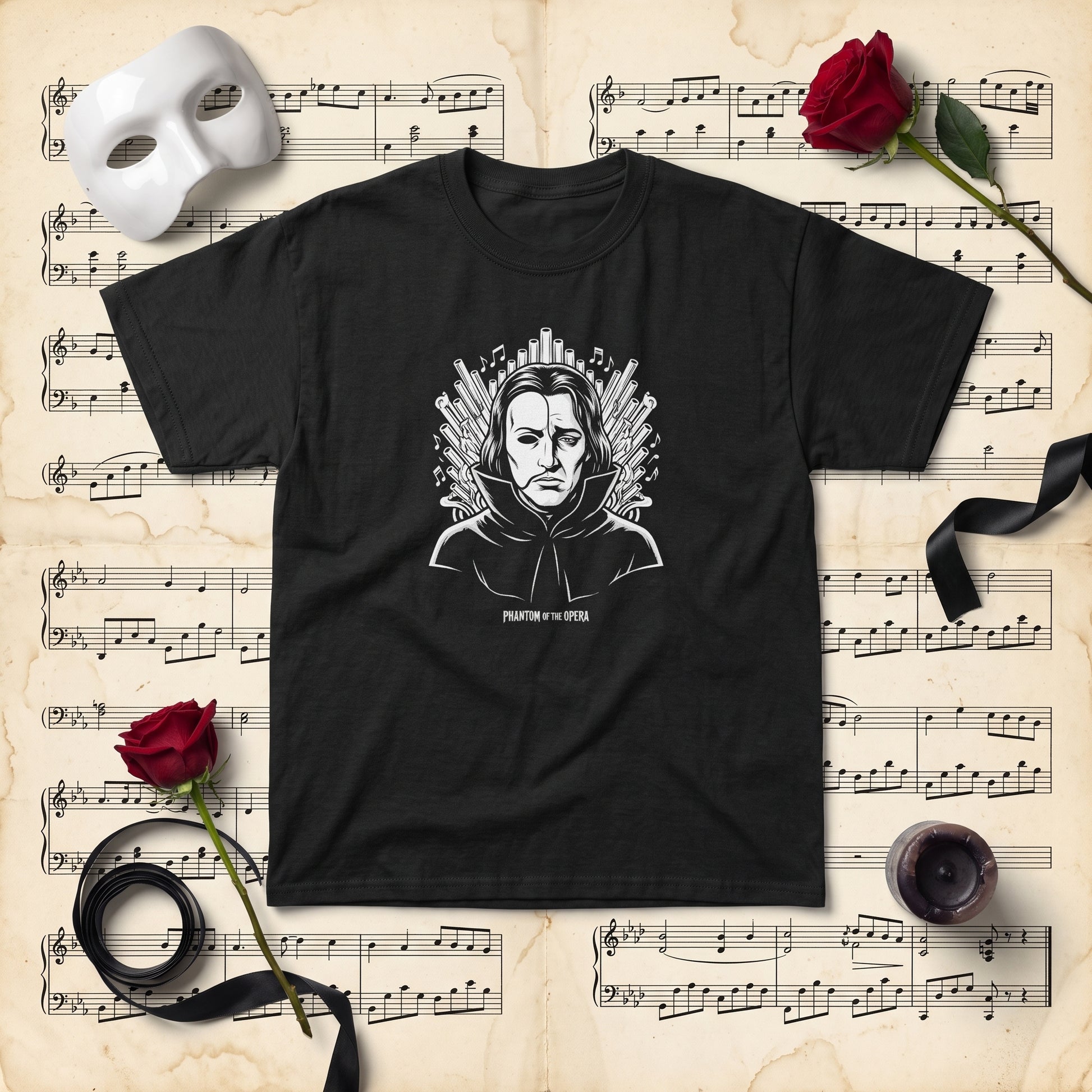 Phantom of the Opera black graphic tee, styled flat lay