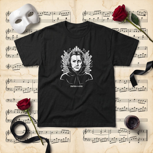Phantom of the Opera black graphic tee, styled flat lay