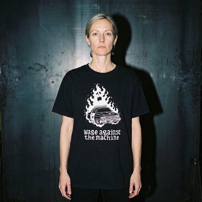 Woman wearing the Wage Against the Machine black graphic tee
