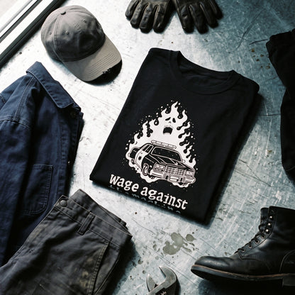 Wage Against the Machine black graphic tee styled in a flat lay with matching pieces