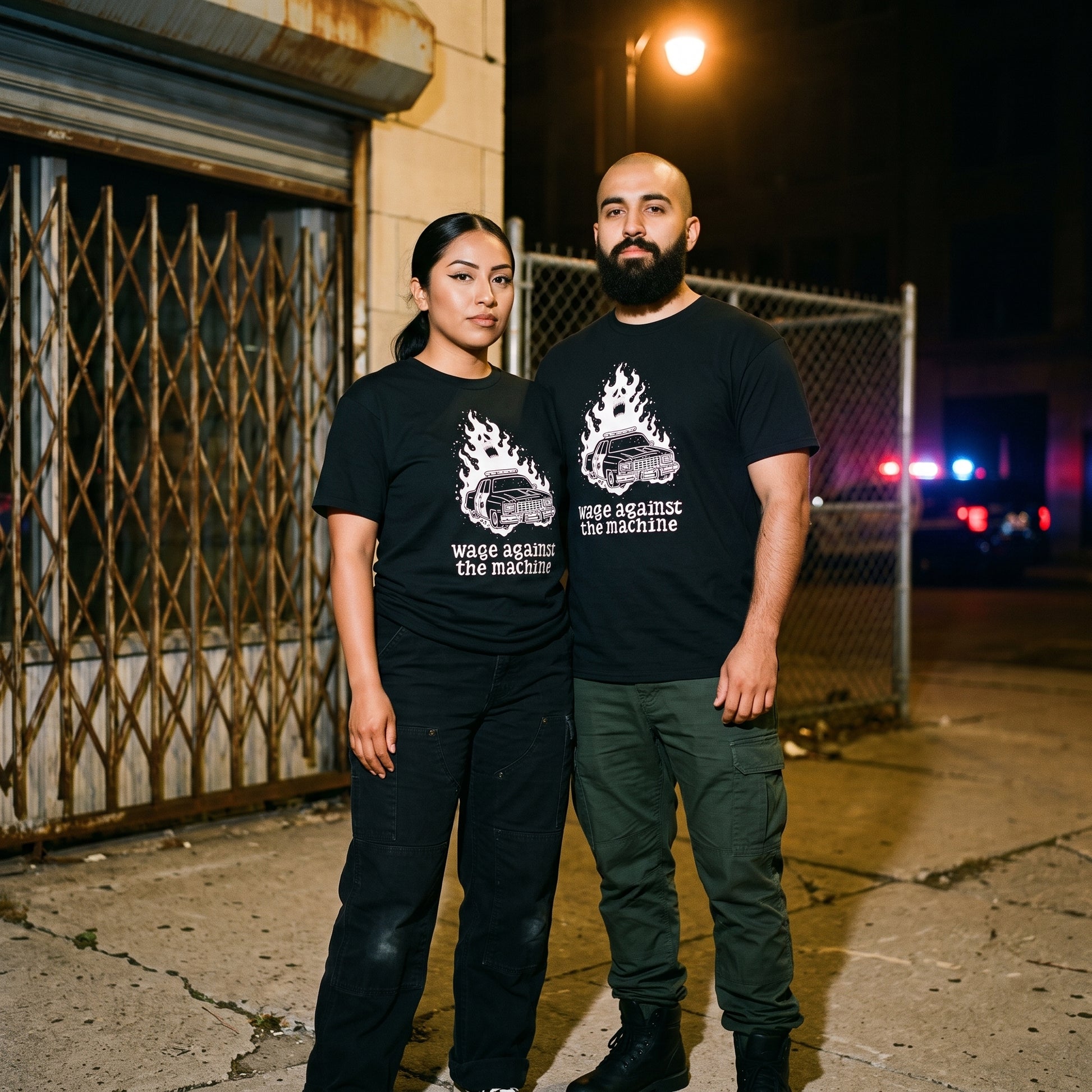 Two models wearing the Wage Against the Machine black graphic tee