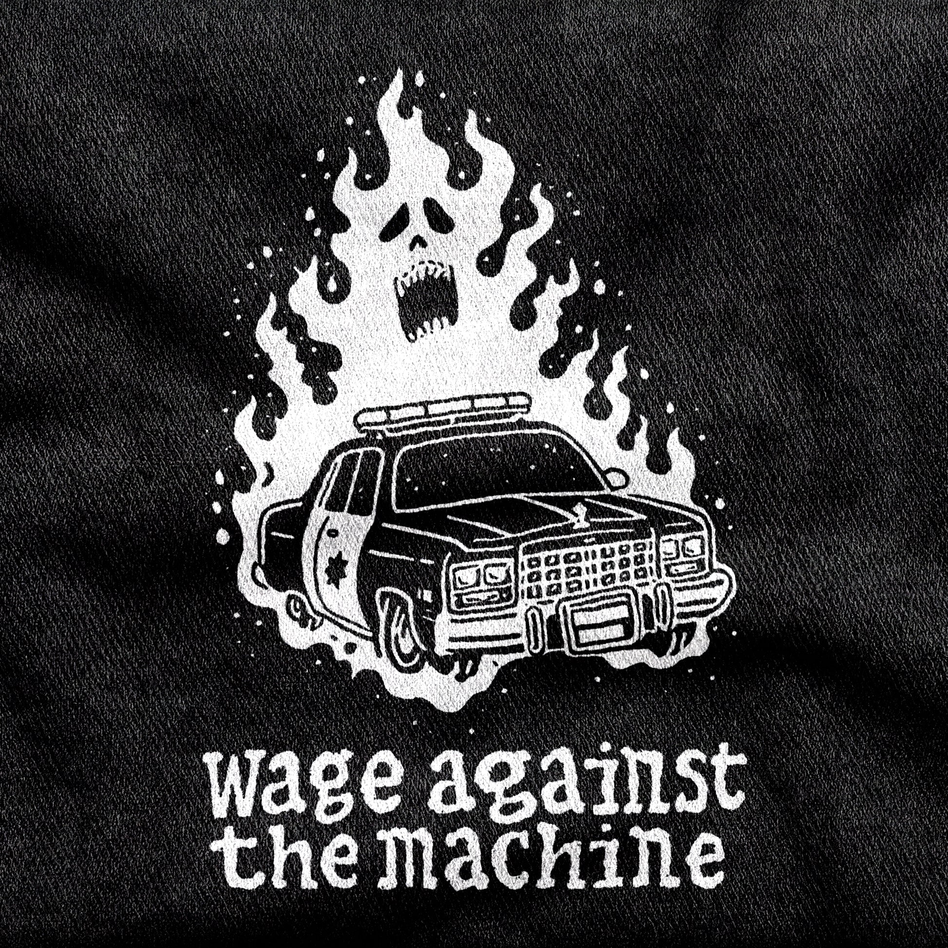 Wage Against the Machine design printed on a black cotton tee, close-up