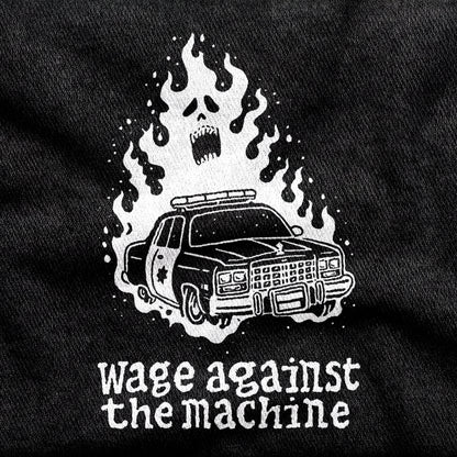 Wage Against the Machine design printed on a black cotton tee, close-up