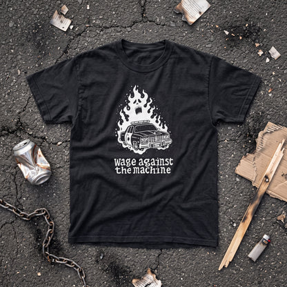 Wage Against the Machine black graphic tee, styled flat lay