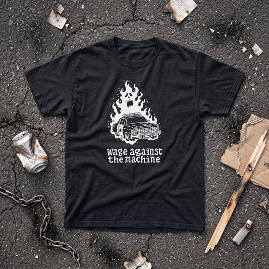 Wage Against the Machine black graphic tee, styled flat lay