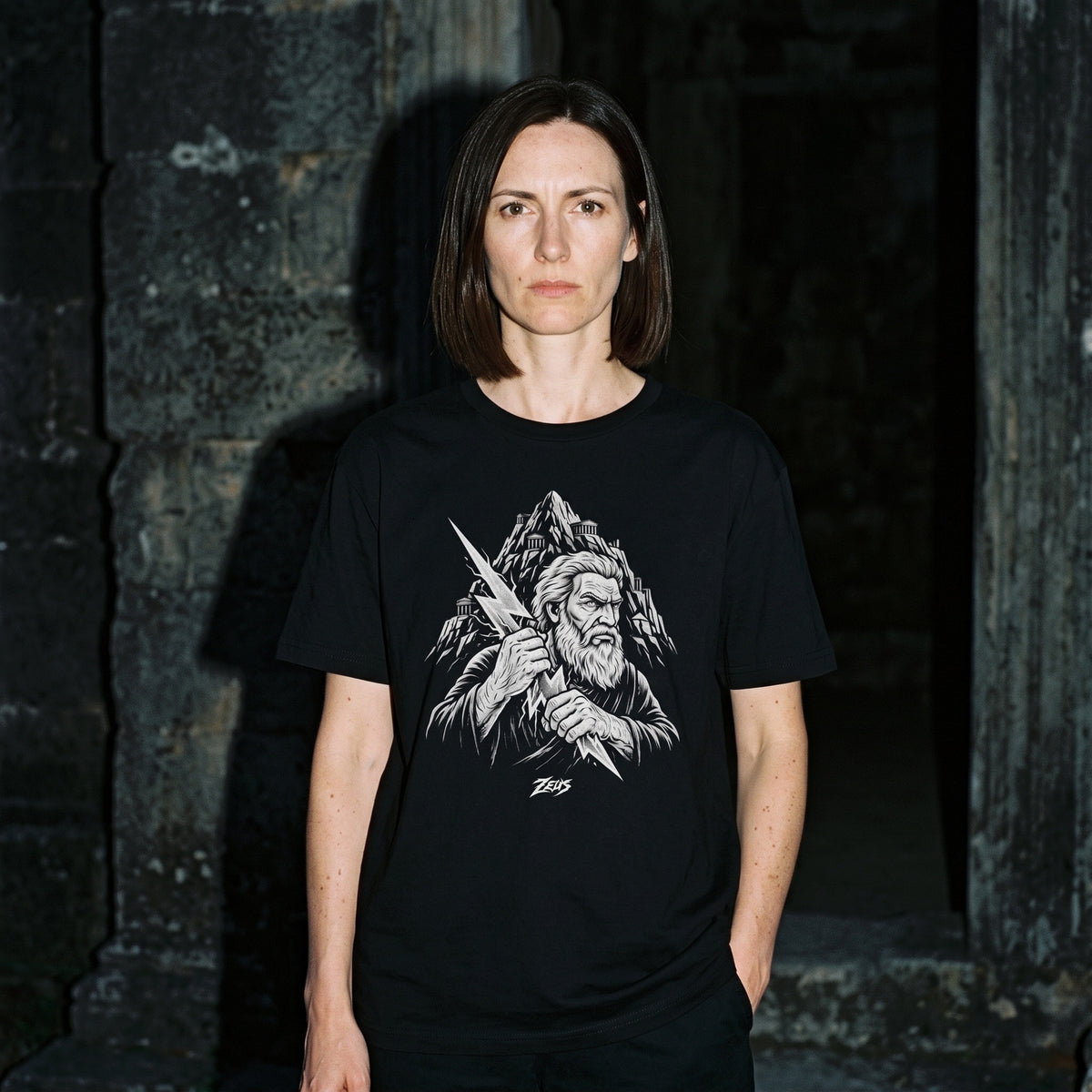 Woman wearing the Zeus black graphic tee