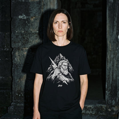 Woman wearing the Zeus black graphic tee