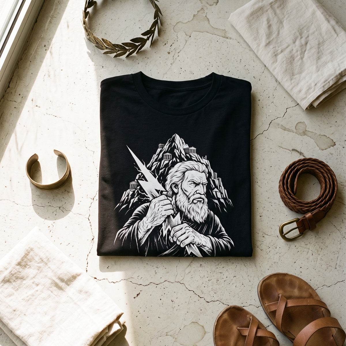 Zeus black graphic tee styled in a flat lay with matching pieces
