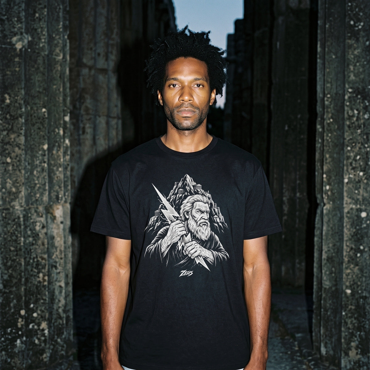 Man wearing the Zeus black graphic tee