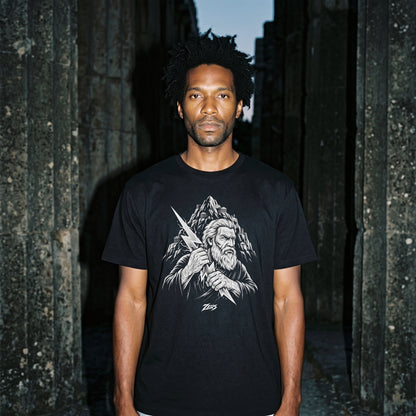 Man wearing the Zeus black graphic tee
