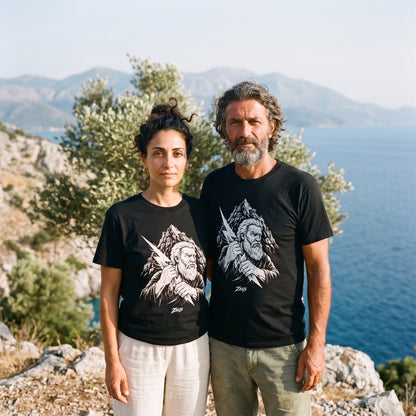 Two models wearing the Zeus black graphic tee