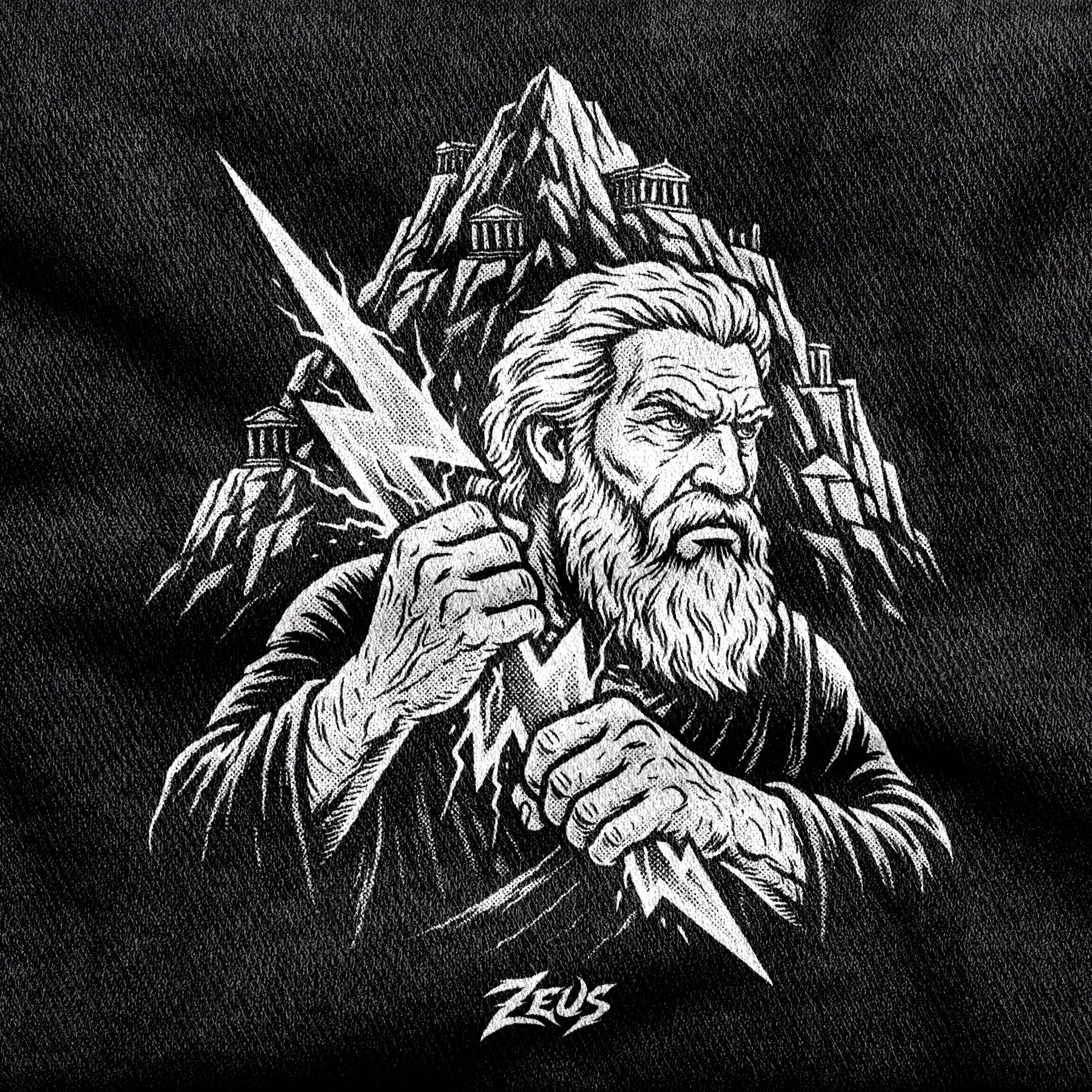 Zeus design printed on a black cotton tee, close-up