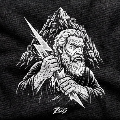 Zeus design printed on a black cotton tee, close-up