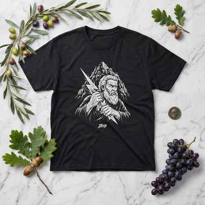 Zeus black graphic tee, styled flat lay