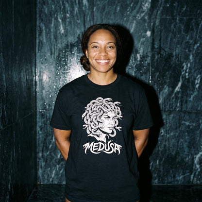 Woman wearing the Medusa black graphic tee