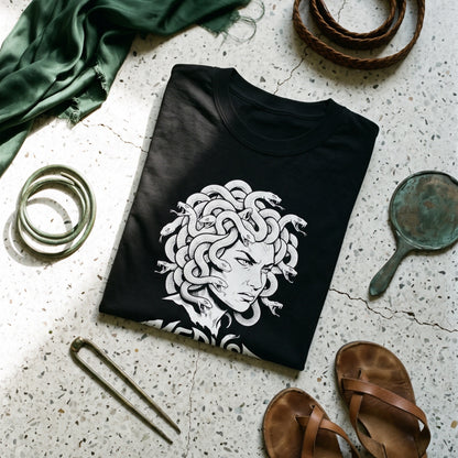 Medusa black graphic tee styled in a flat lay with matching pieces