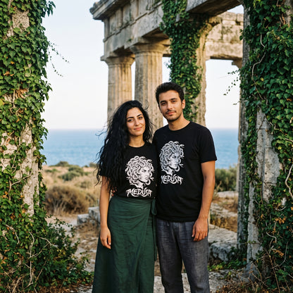Two models wearing the Medusa black graphic tee