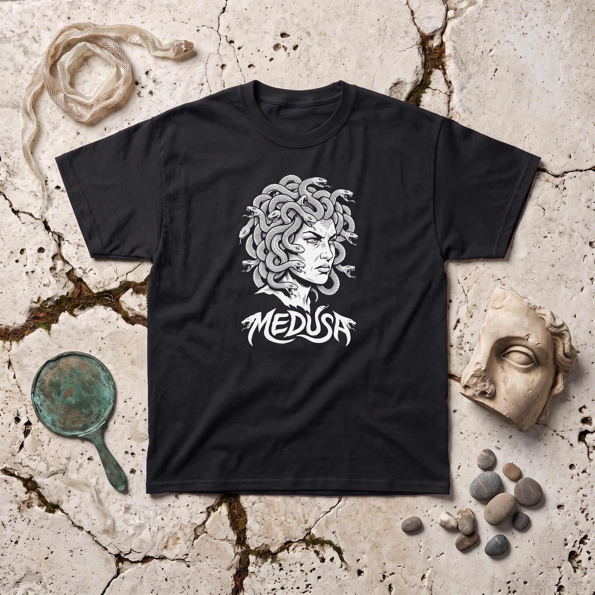 Medusa black graphic tee, styled flat lay