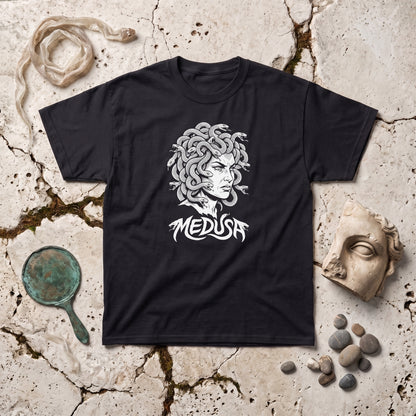 Medusa black graphic tee, styled flat lay