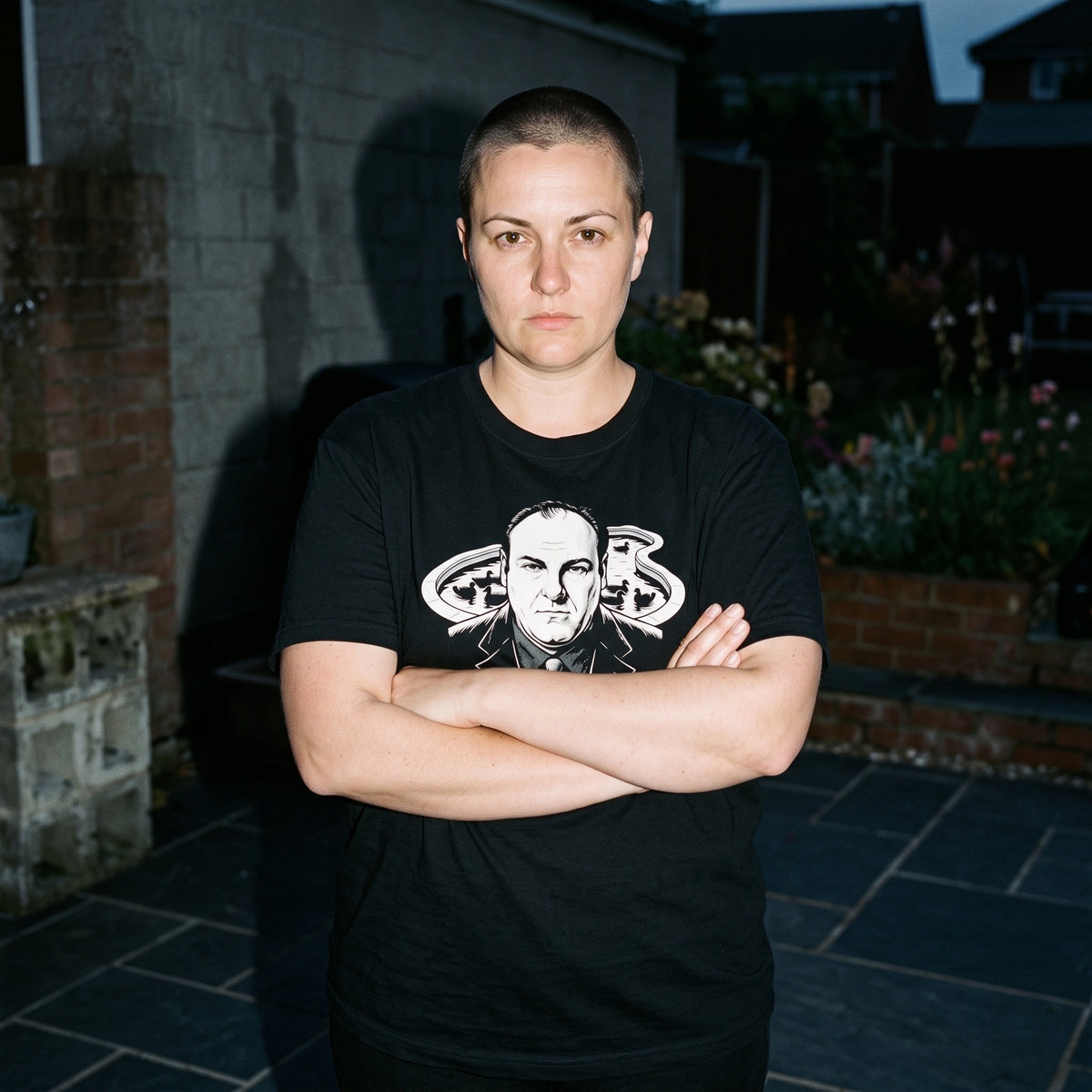 Woman wearing the Tony Soprano black graphic tee