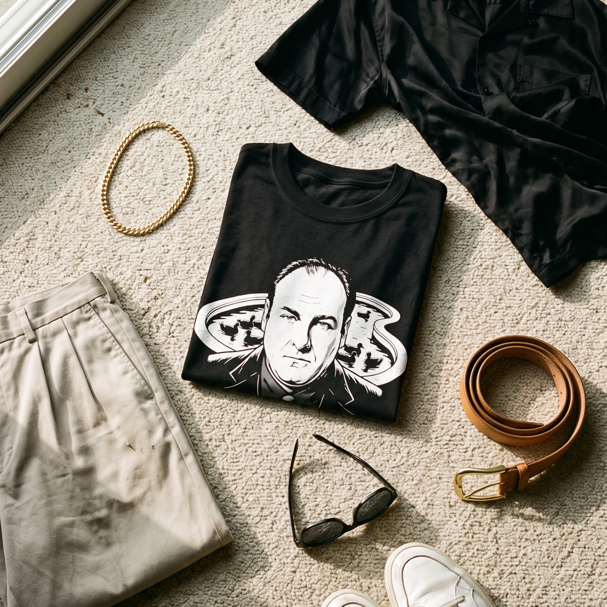 Tony Soprano black graphic tee styled in a flat lay with matching pieces