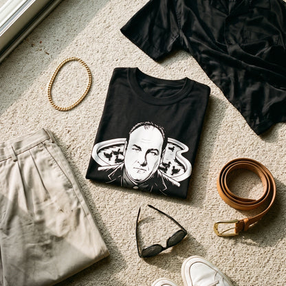 Tony Soprano black graphic tee styled in a flat lay with matching pieces
