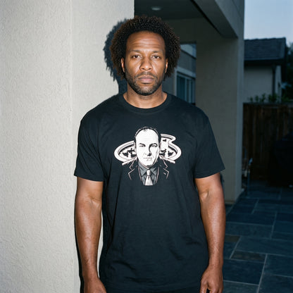 Man wearing the Tony Soprano black graphic tee