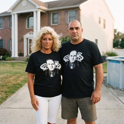 Two models wearing the Tony Soprano black graphic tee