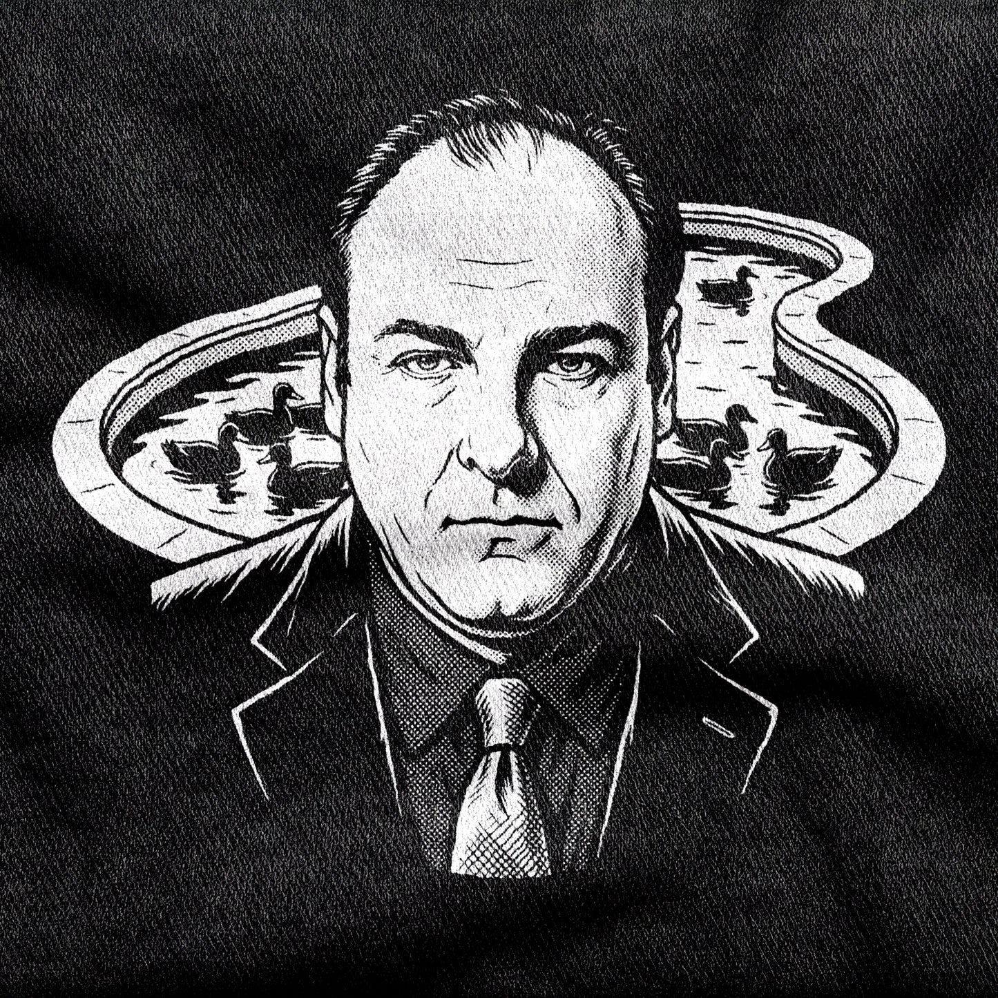 Tony Soprano design printed on a black cotton tee, close-up