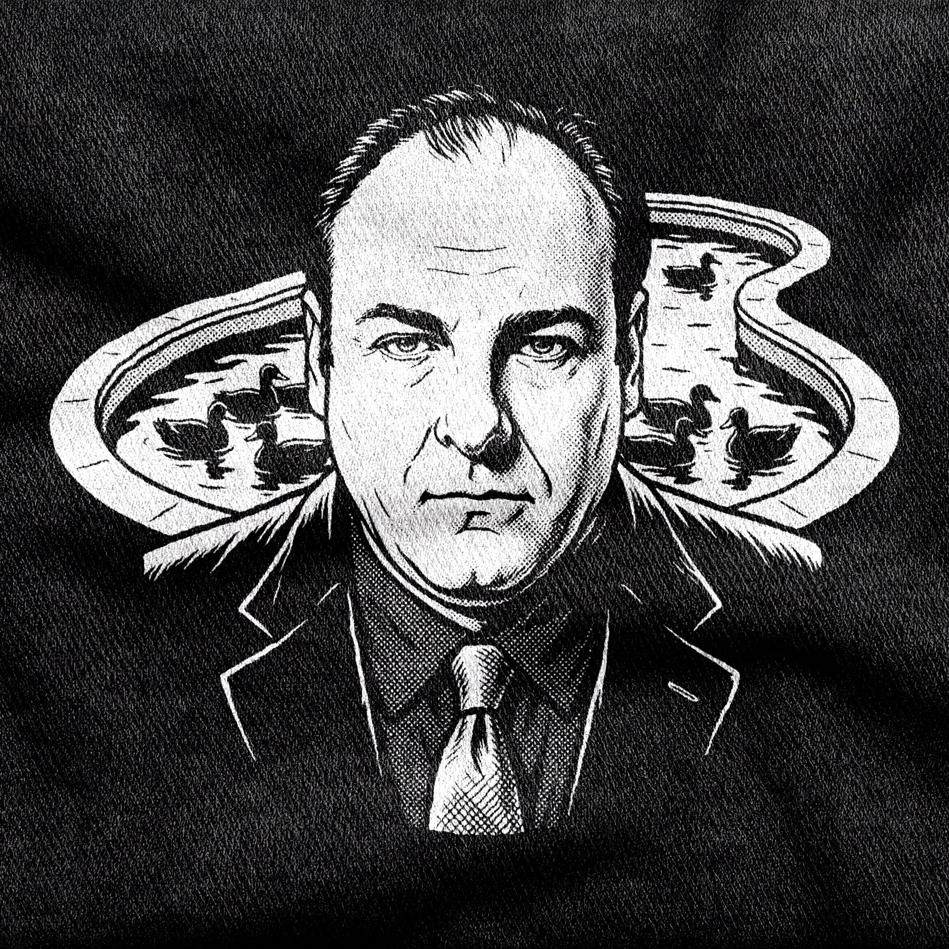 Tony Soprano design printed on a black cotton tee, close-up
